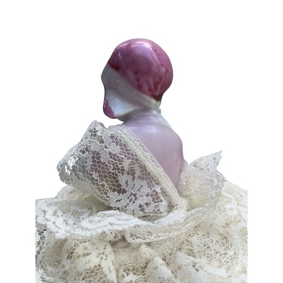 VTG Porcelain Pin Cushion Half Doll Lace Dress Pink Bonnet Rosy Cheeks - Picture 5 of 10
